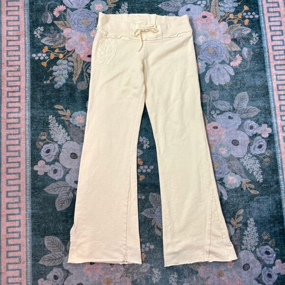 Golddigga Track Pants y2k Womens Large Cream Flare Leg Sweatpants Drawstring 90s - Picture 8 of 16